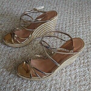 Aquazzura Gin Metallic Leather Espadrille Wedge Sandals Size 37.5